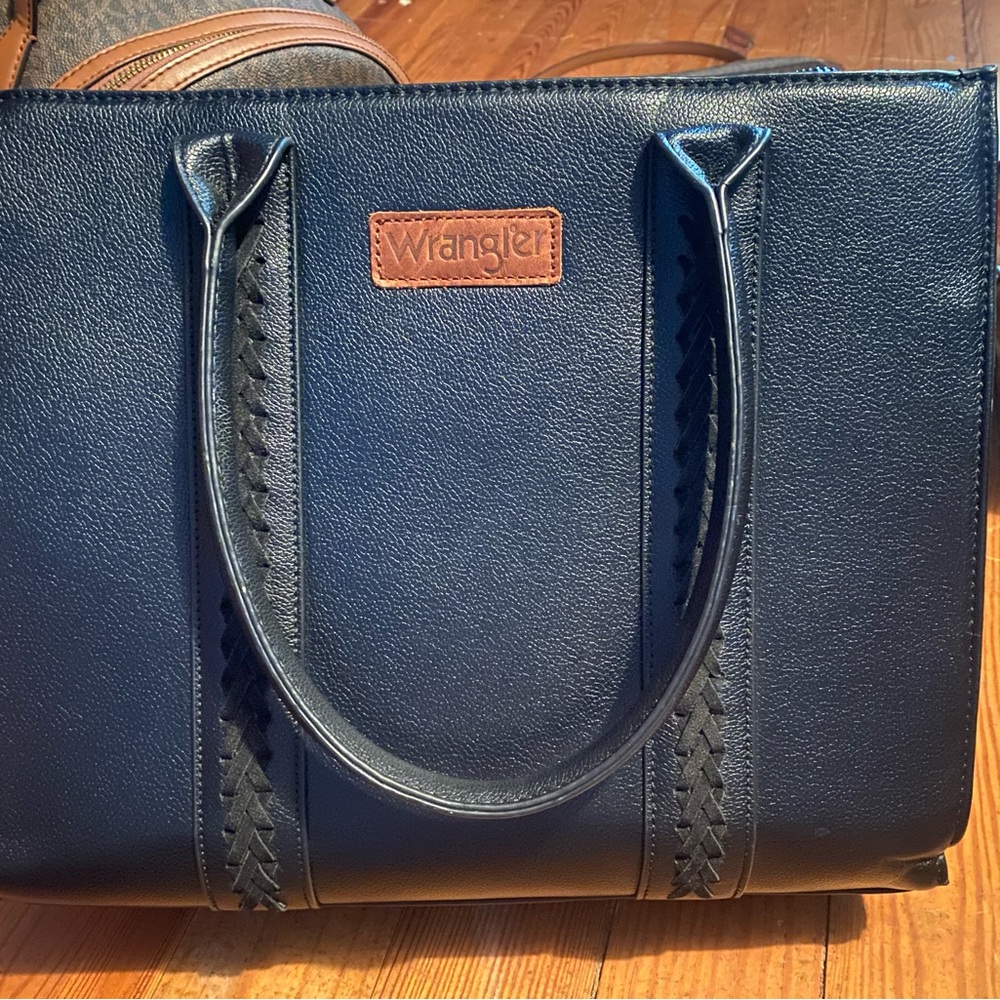 Wrangler Navy Faux Leather Tote with Brown Logo Patch